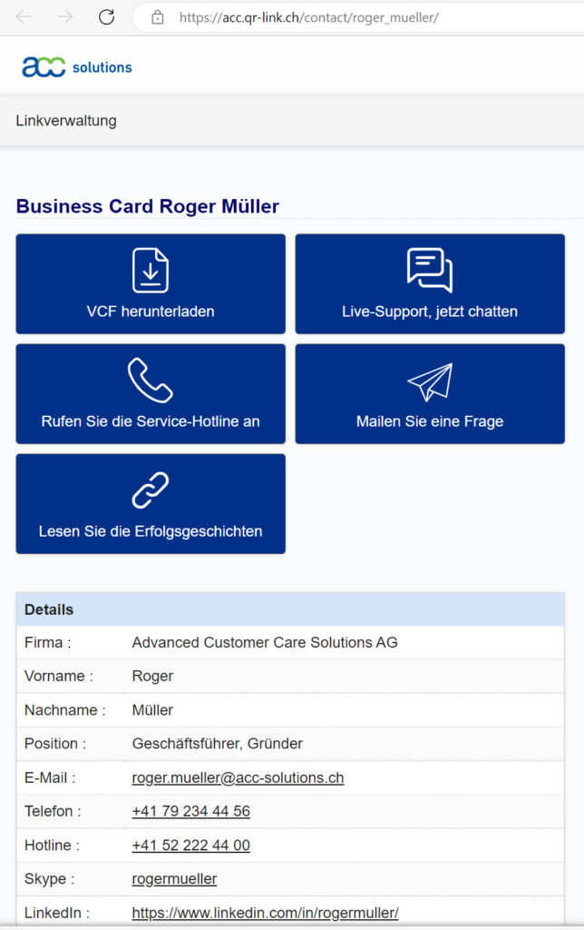 QR-Link Visitenkarte Service Buttons und Kontaktdaten